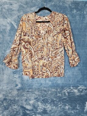 Cato Paisley Button-Front Blouse in Yellow, Brown and White